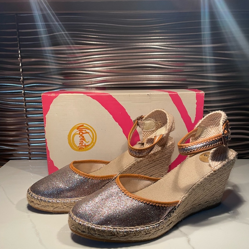 Vidorreta Espadrille Wedge multi colored glitter Canvas Sandals NIB
